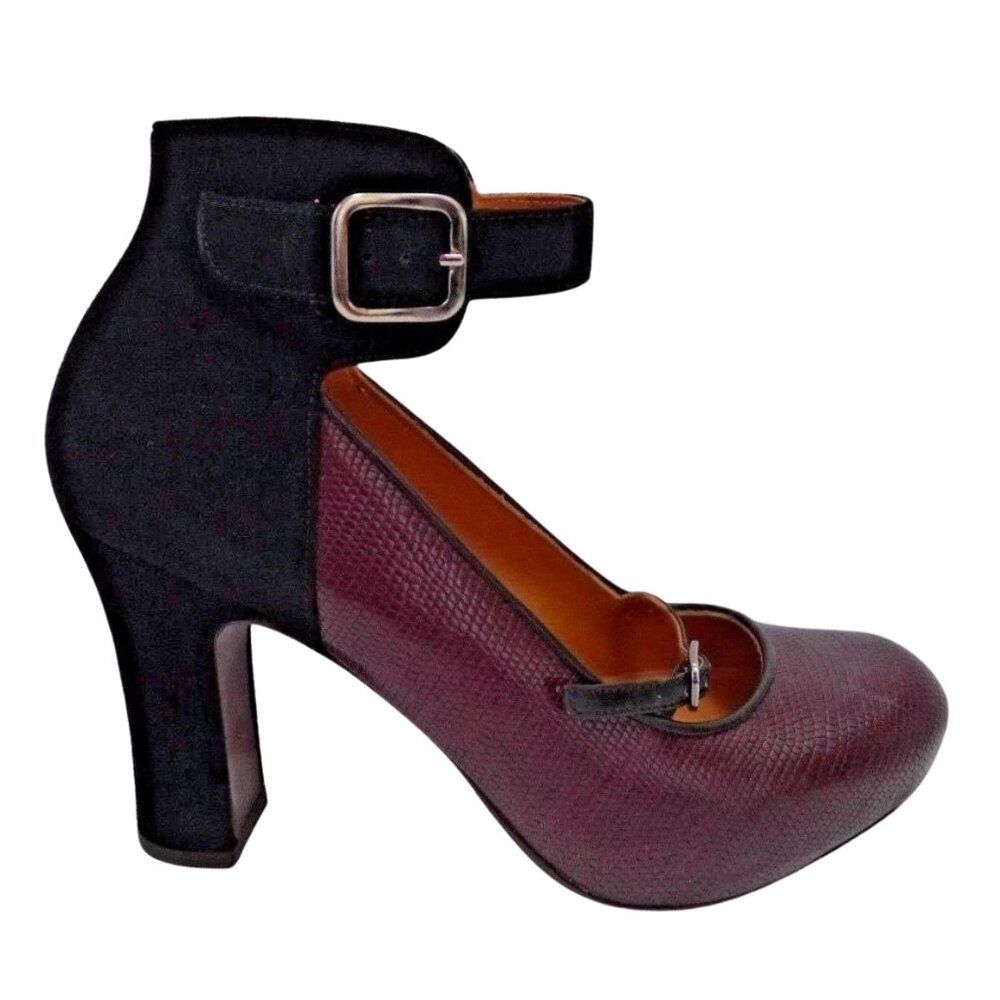 NEW Chie Mihara Shoes Mod Mary Jane Pumps Suede Leather Heels SZ 37.5 Burgundy - Picture 3 of 8